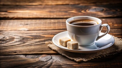 Obraz premium A close up view of a cup of freshly brewed coffee placed on a saucer with sugar cubes resting on a rustic wooden table on a terrace, warm, brewed coffee, saucer, organic, sugar cubes, cozy