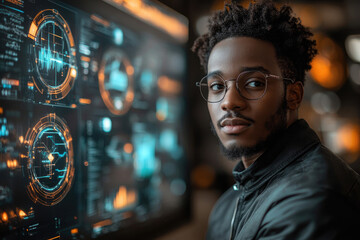 Obraz premium Data Analyst Looking at Screen with Digital Information