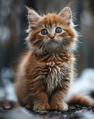 Adorable fluffy ginger kitten with wide eyes sitting outdoors on a soft surface in natural light.
