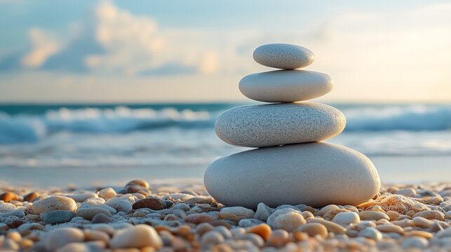 A serene stack of smooth stones on a beach, symbolizing balance and tranquility.