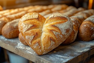 Fototapeta premium Fresh heart shaped bun on the table in the kitchen
