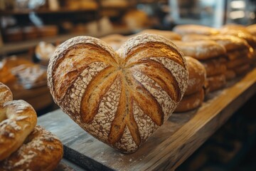 Fresh heart shaped bun on the table in the kitchen