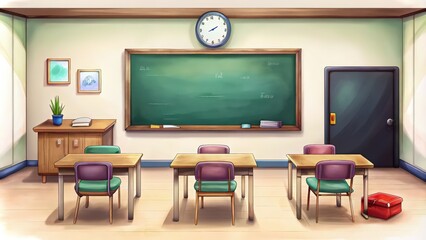 Fototapeta premium Empty Classroom with Three Desks and a Chalkboard