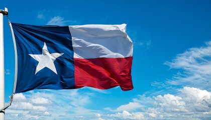 texas state flag on the pole waving in the wing against blue sky and white clouds