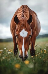 Obraz premium Grazing Brown Horse with White Markings at Equestrian Farm