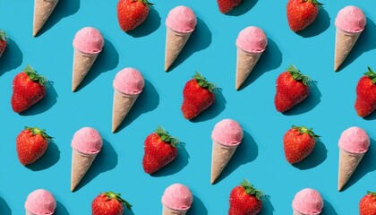 trendy sunlight summer pattern made with pink strawberry ice cream on bright light blue background minimal summer concept