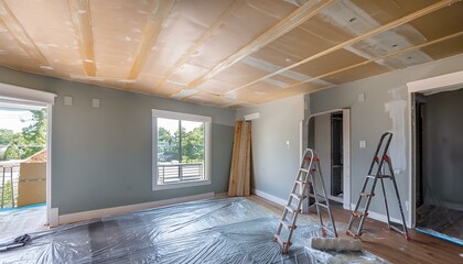 two story residential home interior renovation work under construction drywall and ceiling painting project staircase and walls protected with plastic coverings
