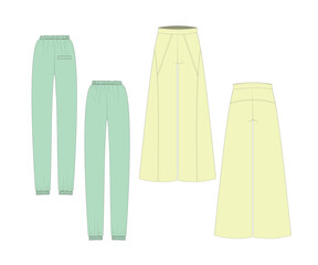 Flat and technical design of casual and comfortable pants with attractive pastel colors for production in the fashion and clothing industry 
Women's pants vector design.