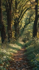 Obraz premium Sunlit forest path with tall trees and overgrown foliage, dappled sunlight creating a peaceful atmosphere