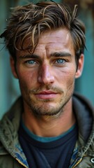 Fototapeta premium Portrait of handsome man with blue eyes and intense gaze in casual setting