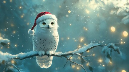 Obraz premium Cartoon cute white polar owl perched on a snowy branch, wearing a Santa hat and surrounded by sparkling stars