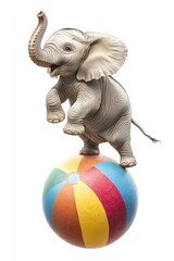 A playful elephant balancing on a colorful beach ball, showcasing fun and joy in a whimsical circus atmosphere.