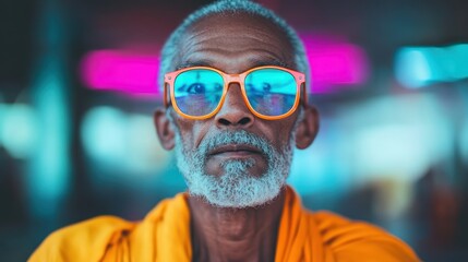A modern depiction of a monk sporting stylish orange sunglasses, blending traditional attire with a backdrop of vibrant neon colors, representing balance unique outlook.