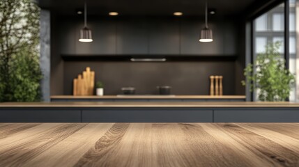 Modern kitchen interior with wooden countertop and stylish decor, creating a warm and inviting atmosphere for culinary activities.