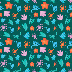Colorful Floral and Leaf Seamless Pattern on Dark Green Background. Concept of Nature Illustration, Botanical Elements, Bright Flowers, Vibrant Leaves. Design for Fabric, Wallpaper or Wrapping Paper