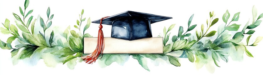 A beautiful watercolor illustration of a graduation cap surrounded by elegant greenery, perfect for educational celebrations.