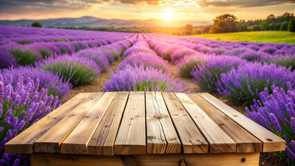 Empty wooden table top with blooming lavender field at sunset, floral background for presentation, advertising, congratulations