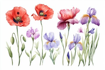 Vibrant watercolor flowers including poppies and irises in a delicate arrangement, perfect for floral designs and decorations.