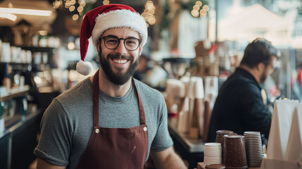 Smiling barista in a Santa hat serving festive coffee at a busy café photo
