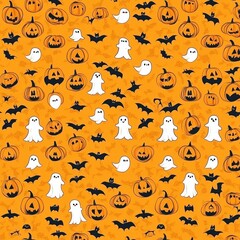 Fototapeta premium Cute Halloween wallpaper pattern in cartoon style. Halloween and autumn background illustration in orange and black. Bat, ghost, pumpkin.
