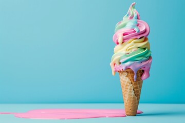 Ice cream cone with colorful ice cream on blue background. Summer concept.