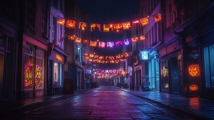 An empty city street at night, with Halloween banners strung between buildings