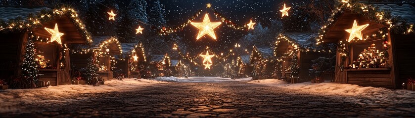 Winter Village with Snow and Festive Garlands