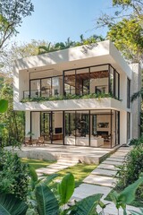 Fototapeta premium Modern house surrounded by lush greenery, featuring large windows and a stylish design for relaxed living in nature.