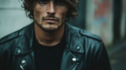 Obraz premium A rugged man with a beard looks intently at the camera, wearing a black leather jacket, projecting a tough, mysterious aura on a gritty city street.