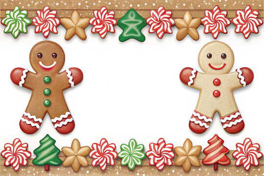 Gingerbread cookies and Christmas candy border with blank white space