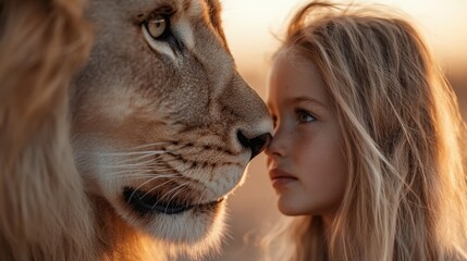 A young girl gazes closely at a majestic lion, embodying harmony and trust in a serene moment under golden sunlight, evoking feelings of courage and wonder.