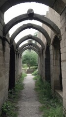 Obraz premium Historic stone corridor with archways and overgrown greenery leading to an outdoor garden