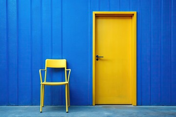 A close up of a yellow door chair against a blue wall, interior, aesthetic, sleek, modern, furniture, minimalism, vibrant, cozy, elegant, comfort, close-up, blue wall, renovation