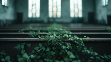 Long ivy vines cascade over the wooden pews of an abandoned church with distant stained-glass windows, creating an ethereal and tranquil atmosphere of nature's embrace.