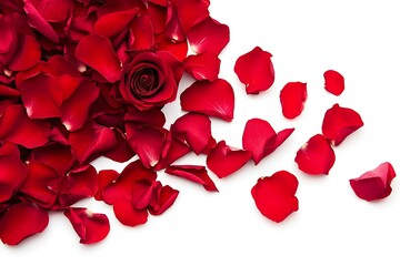 Fototapeta premium Red rose petals scattered on white background