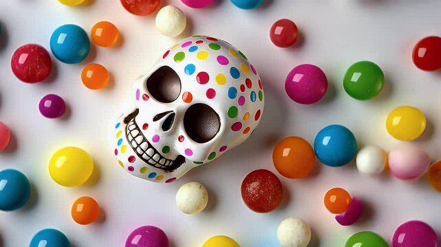 A white sugar skull with colorful polka dots surrounded by colorful candy on a white background.