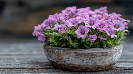 An abundance of blooming pink flowers arranged in a rustic pot evokes feelings of nostalgia. The weathered texture brings an artistic, timeless charm to nature.