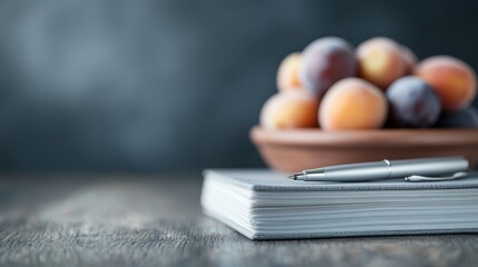 Image of a notebook with a pen resting beside a bowl filled with colorful mixed fruits. The setup gives off an inviting, warm, and classic feel to the scene.