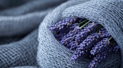 In a serene composition, vibrant lavender is artfully enveloped in lush, textured blue textile,...