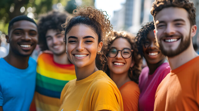 A group of LGBTQ employees and allies attending a company-sponsored Pride Month event celebrating with rainbow-themed decorations and activities in a vibrant office space.