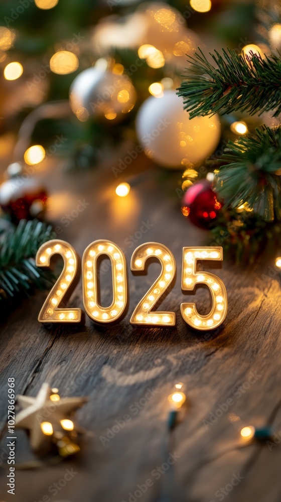 Poster minimalist 2025 new year background with simple christmas touches and ample copy space, perfect for 