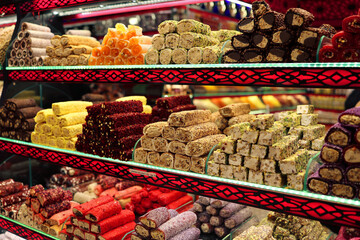 Love tea among other flavours with spices and Turkish Delight in the Spice Bazaar Istanbul, Turkey - June 26, 2024