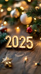 Minimalist 2025 New Year background with simple Christmas touches and ample copy space, perfect for holiday promotions.