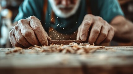 The image captures a craftsman meticulously working on a piece of wood, surrounded by sawdust, highlighting the dedication and skill in traditional woodworking.
