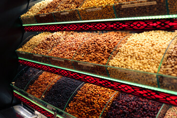 Love tea among other flavours with spices and Turkish Delight in the Spice Bazaar Istanbul, Turkey - June 26, 2024