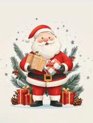 Fototapeta premium Jolly Santa Claus with Gifts and Pinecones, Ai Generation
