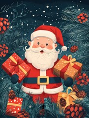 Jolly Santa Claus with Gifts and Pinecones, Ai Generation
