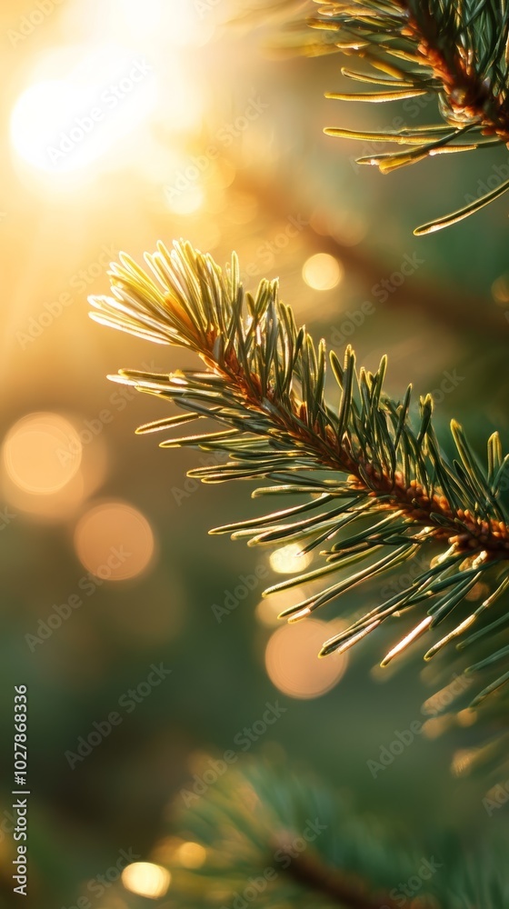 Poster golden hour light filtering through pine needles, creating a festive atmosphere.