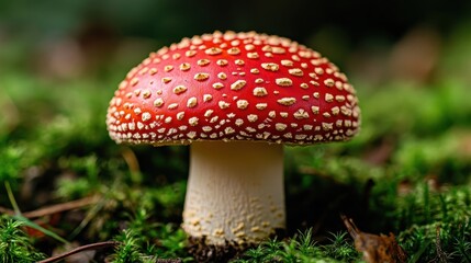 A vibrant red mushroom with distinct white speckles grows in lush green moss, illustrating the magic of the forest and highlighting nature's raw beauty and resilience.