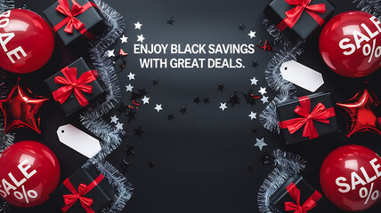 Black Friday Sale with Red and Black Gifts and Balloons 
Black Friday Shopping Concept
